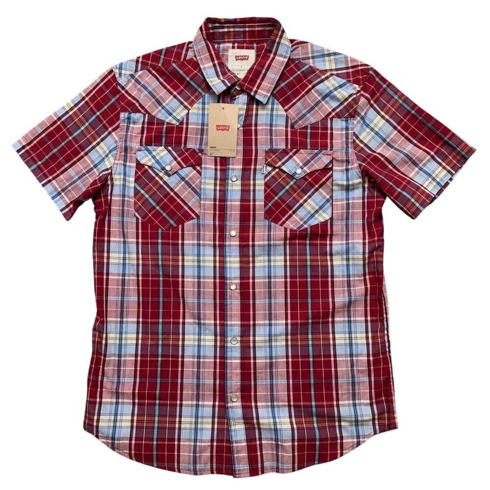 Levi's Shirt Mens Size S Short Sleeve Western Pearl Snap Button Plaid Red NEW